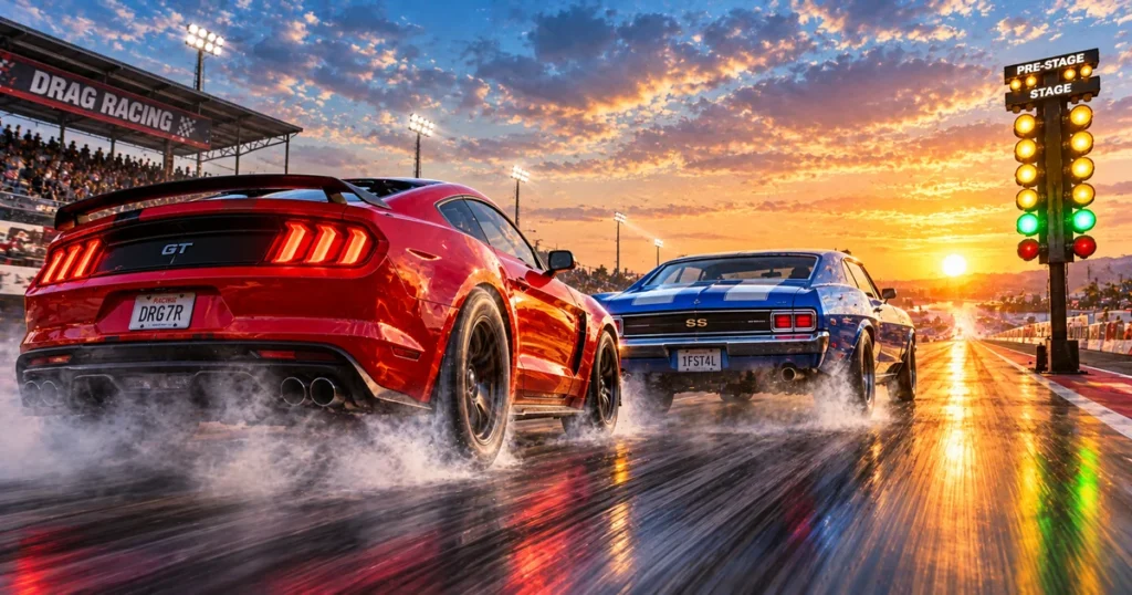 Dois carros na arrancada em pista reta de Drag Racing