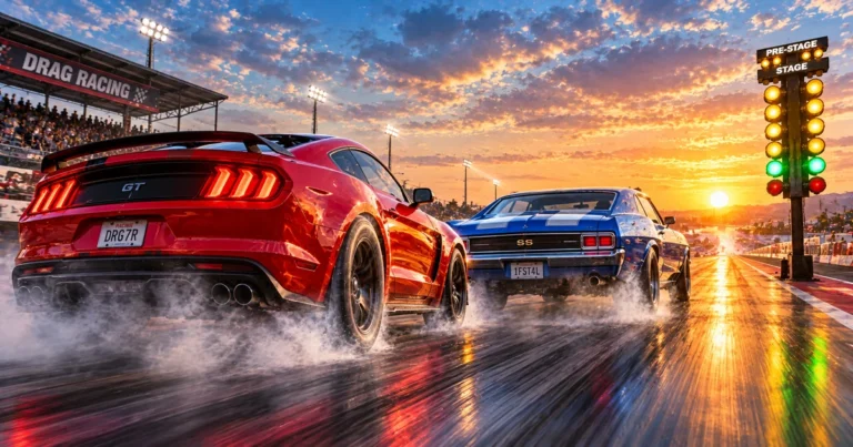 Dois carros na arrancada em pista reta de Drag Racing