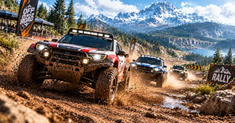 Veículos de competição off-road correndo sobre terra e lama em montanhas