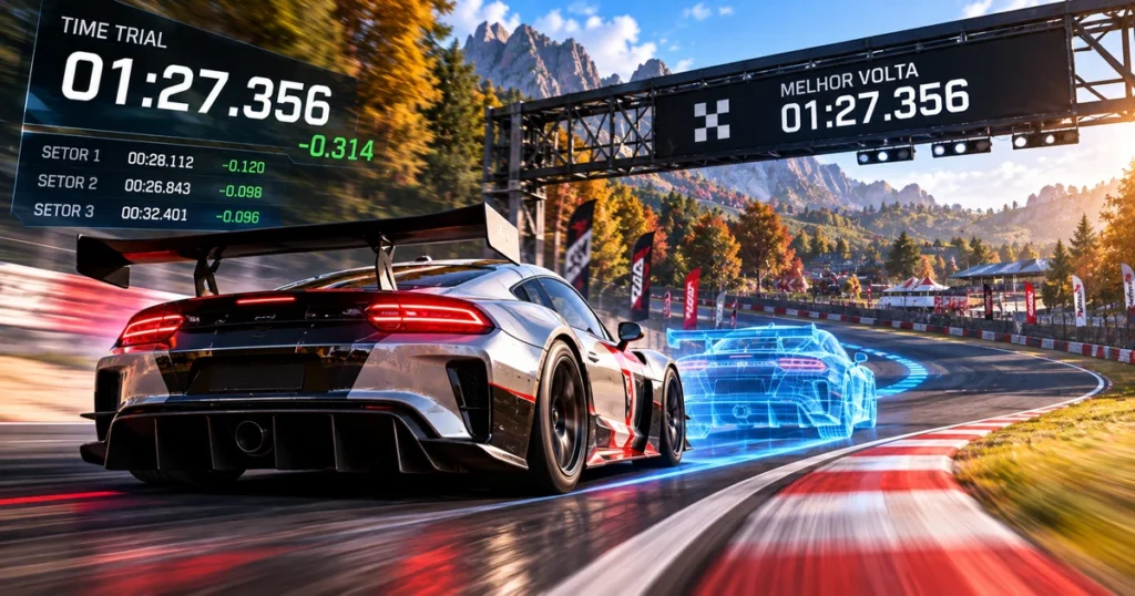 Carros em pista de corrida contra o relógio na modalidade Time Trial
